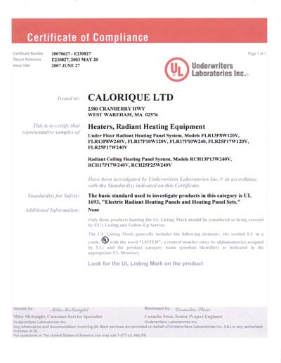 UL Certificate Zertifikat Calorique Heizungsfolie für Sicherheit und Eibau als Fußbodenheizung, Flächenheizung, Deckenheizung, Wandheizung 